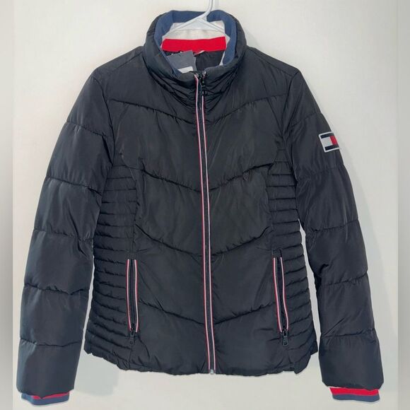 Tommy Hilfiger Women’s Hoodless Puffer Jacket Black Size Medium Mock Neck - Picture 1 of 7
